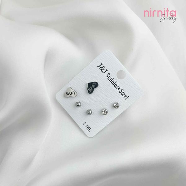 Love & Sparkle: 3-Piece Silver Heart & Stone Earring Set
