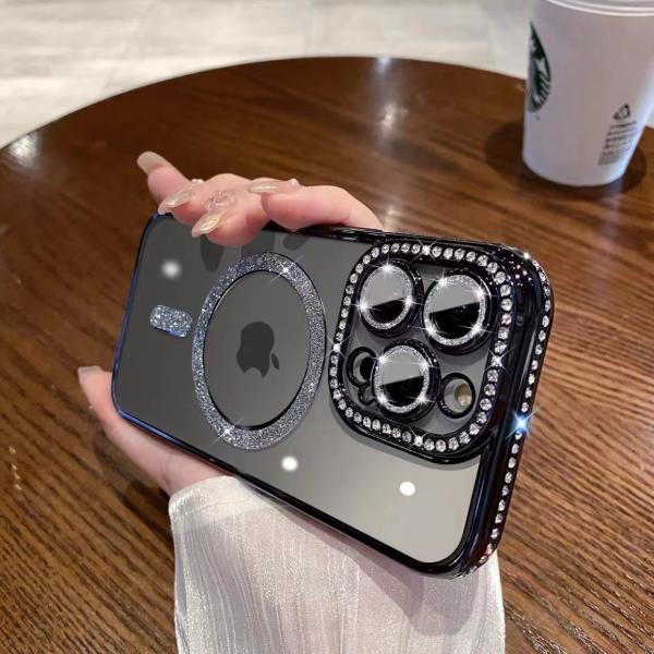 For Apple 17 glitter magnetic suction mobile phone case iPhone15proMax rhinestone all-inclusive 14 drop-resistant protective cover