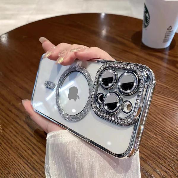 For Apple 17 glitter magnetic suction mobile phone case iPhone15proMax rhinestone all-inclusive 14 drop-resistant protective cover