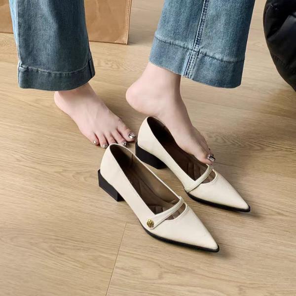 Camellia Buckle Pointed Elegant Fairy Thick Heel Mary Jane Shoes