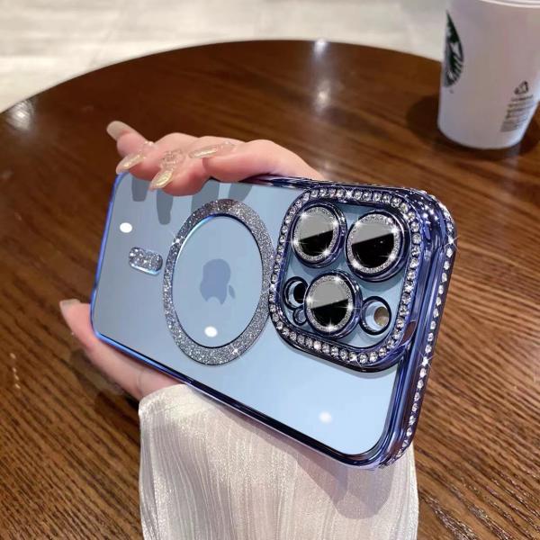 For Apple 17 glitter magnetic suction mobile phone case iPhone15proMax rhinestone all-inclusive 14 drop-resistant protective cover