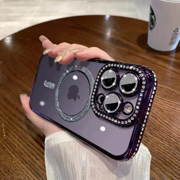 For Apple 17 glitter magnetic suction mobile phone case iPhone15proMax rhinestone all-inclusive 14 drop-resistant protective cover