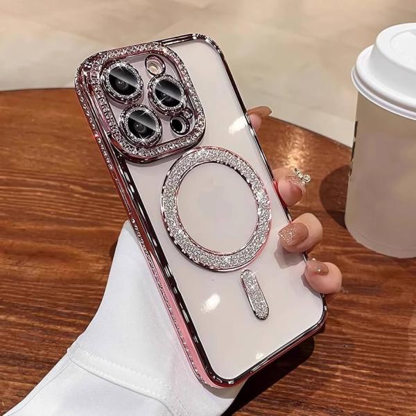 For Apple 17 glitter magnetic suction mobile phone case iPhone15proMax rhinestone all-inclusive 14 drop-resistant protective cover