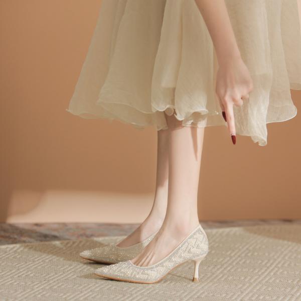 Elegant Apricot Rhinestone High Heels — Korean-Inspired Chic