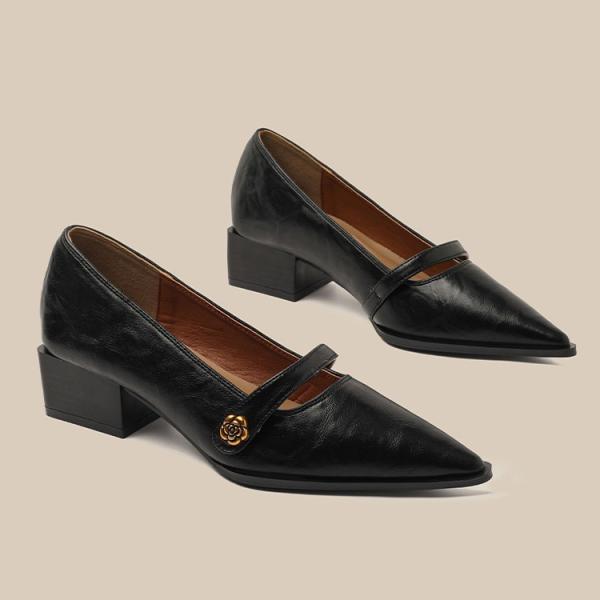 Camellia Buckle Pointed Elegant Fairy Thick Heel Mary Jane Shoes