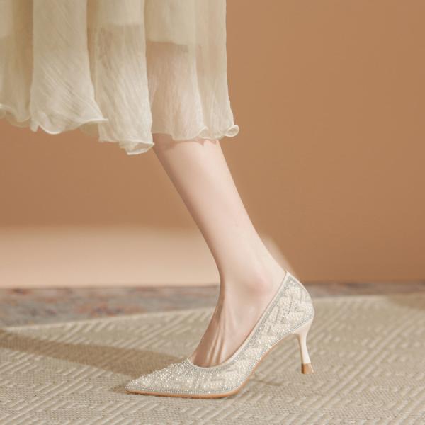 Elegant Apricot Rhinestone High Heels — Korean-Inspired Chic