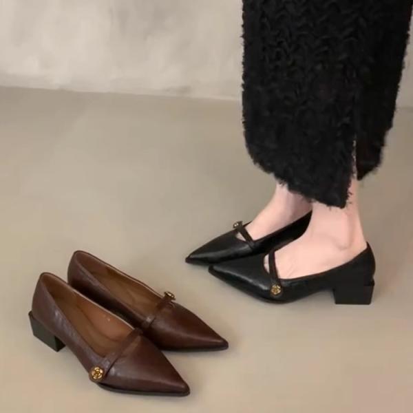 Camellia Buckle Pointed Elegant Fairy Thick Heel Mary Jane Shoes