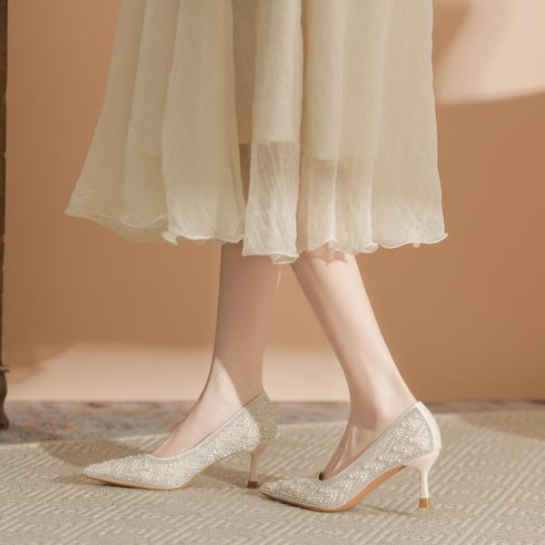 Elegant Apricot Rhinestone High Heels — Korean-Inspired Chic