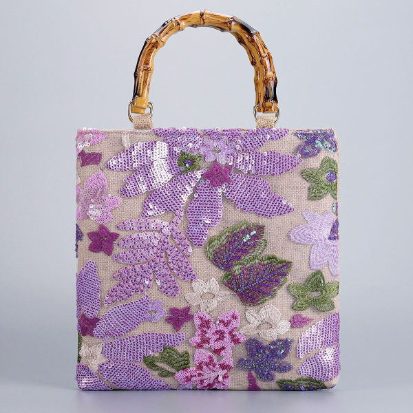 High-End Pink Embroidered Sequin Bamboo Handbag