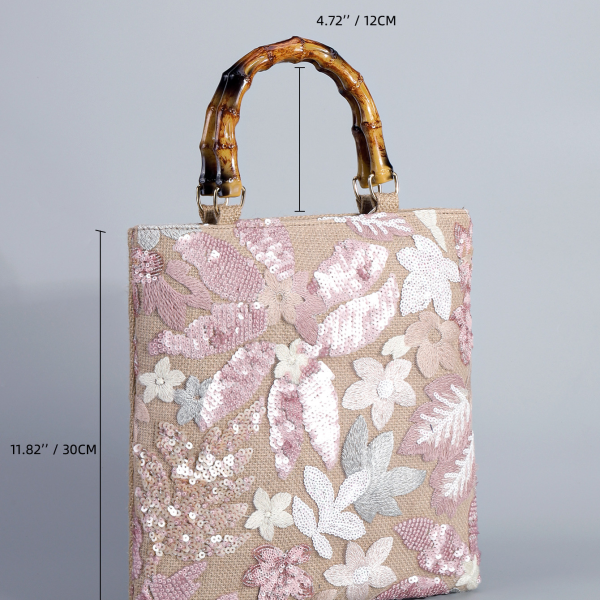 High-End Pink Embroidered Sequin Bamboo Handbag