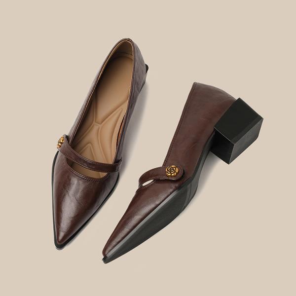 Camellia Buckle Pointed Elegant Fairy Thick Heel Mary Jane Shoes