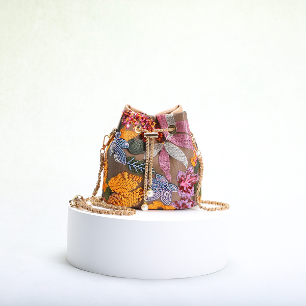 Chinese Style Embroidered Sequin Mesh Drawstring Bag