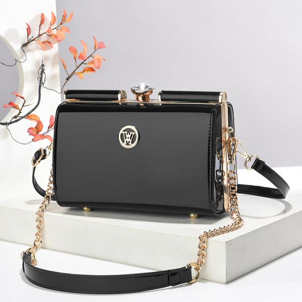 Glossy Leather Steel Clip Evening Shoulder Bag