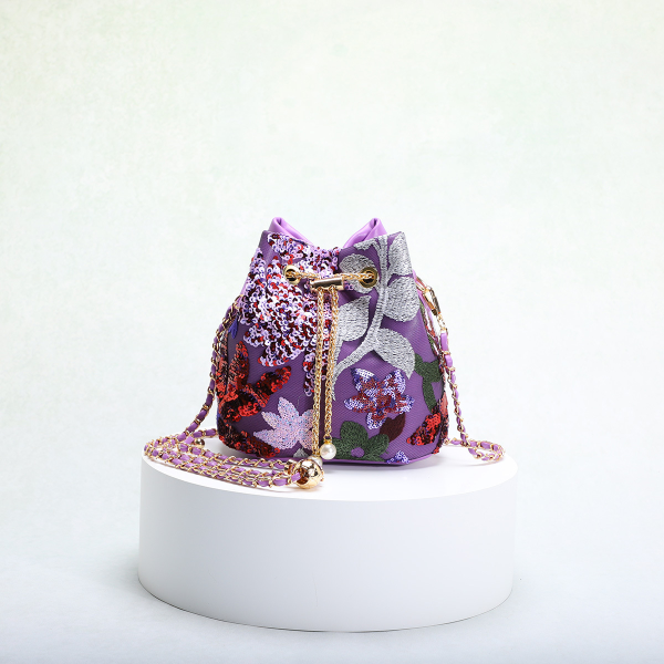 Chinese Style Embroidered Sequin Mesh Drawstring Bag