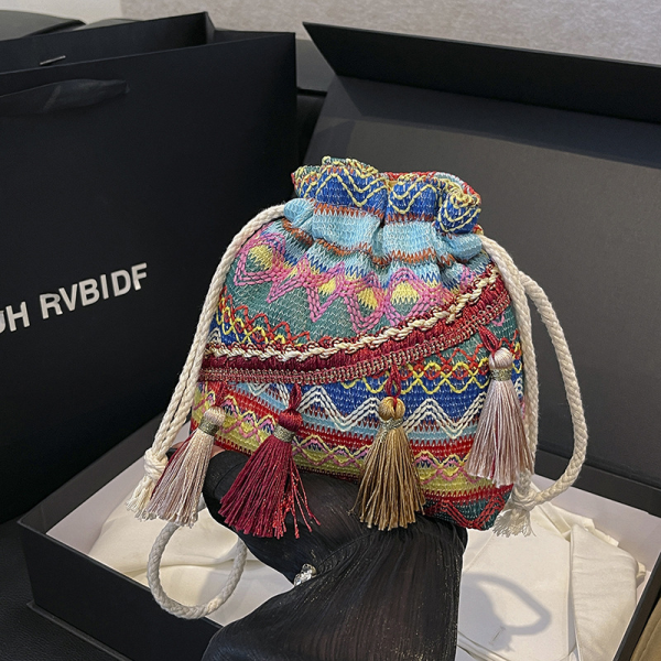 Ethnic Style Tassel Drawstring Bucket Bag