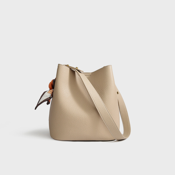 Soft Leather Silk Scarf Bucket Shoulder Bag