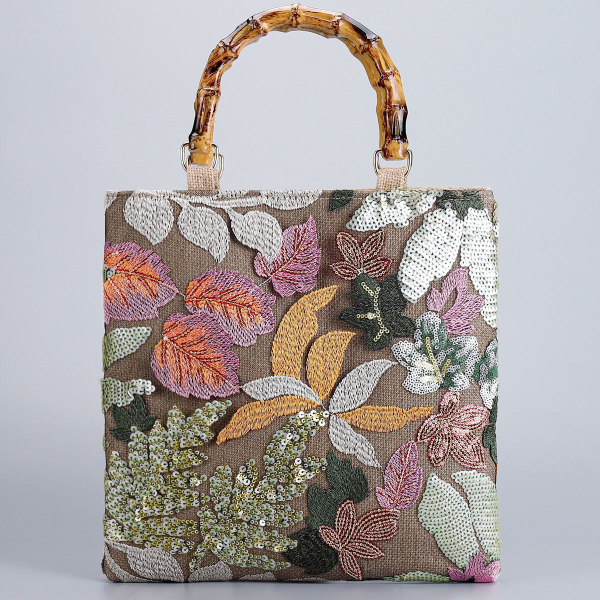 High-End Pink Embroidered Sequin Bamboo Handbag