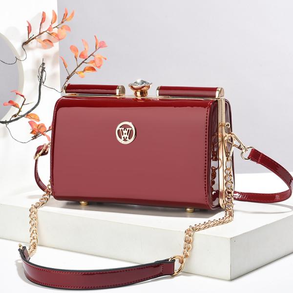 Glossy Leather Steel Clip Evening Shoulder Bag