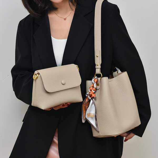 Soft Leather Silk Scarf Bucket Shoulder Bag