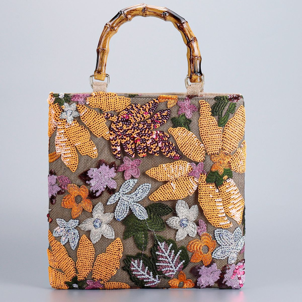 High-End Pink Embroidered Sequin Bamboo Handbag