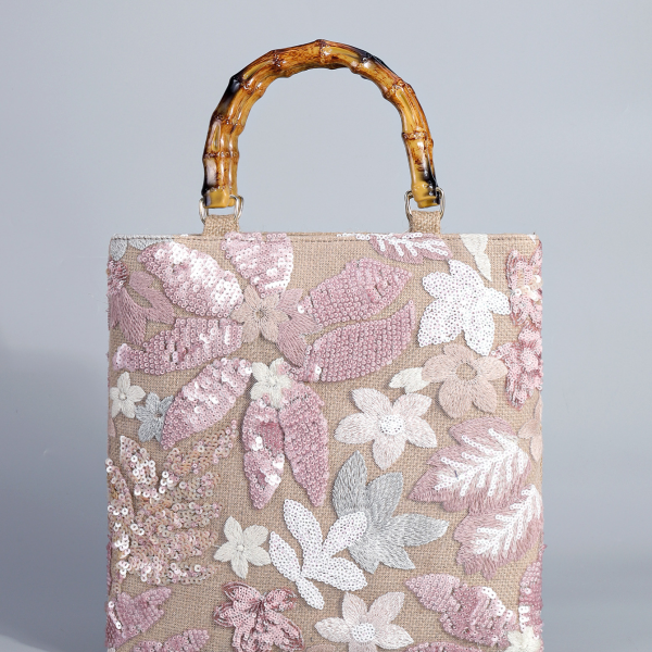 High-End Pink Embroidered Sequin Bamboo Handbag