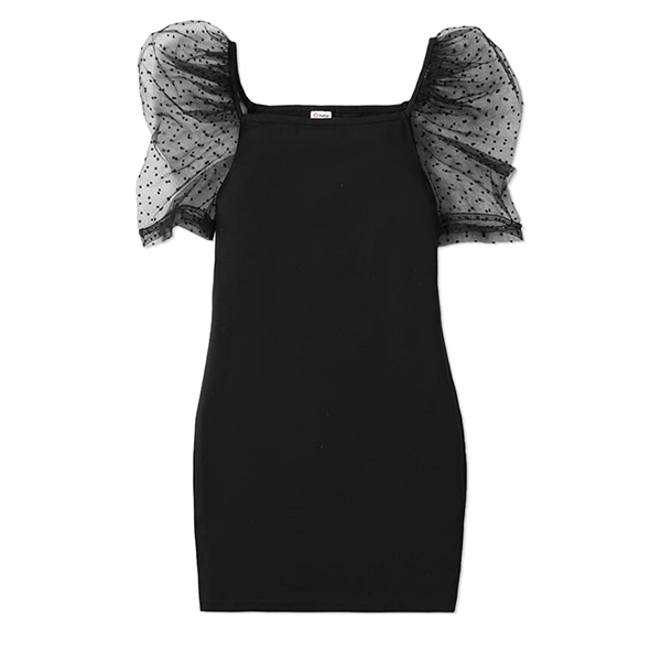 PatPat Polka Dots Mesh Puff Sleeve-Black Dress (7-8 years)